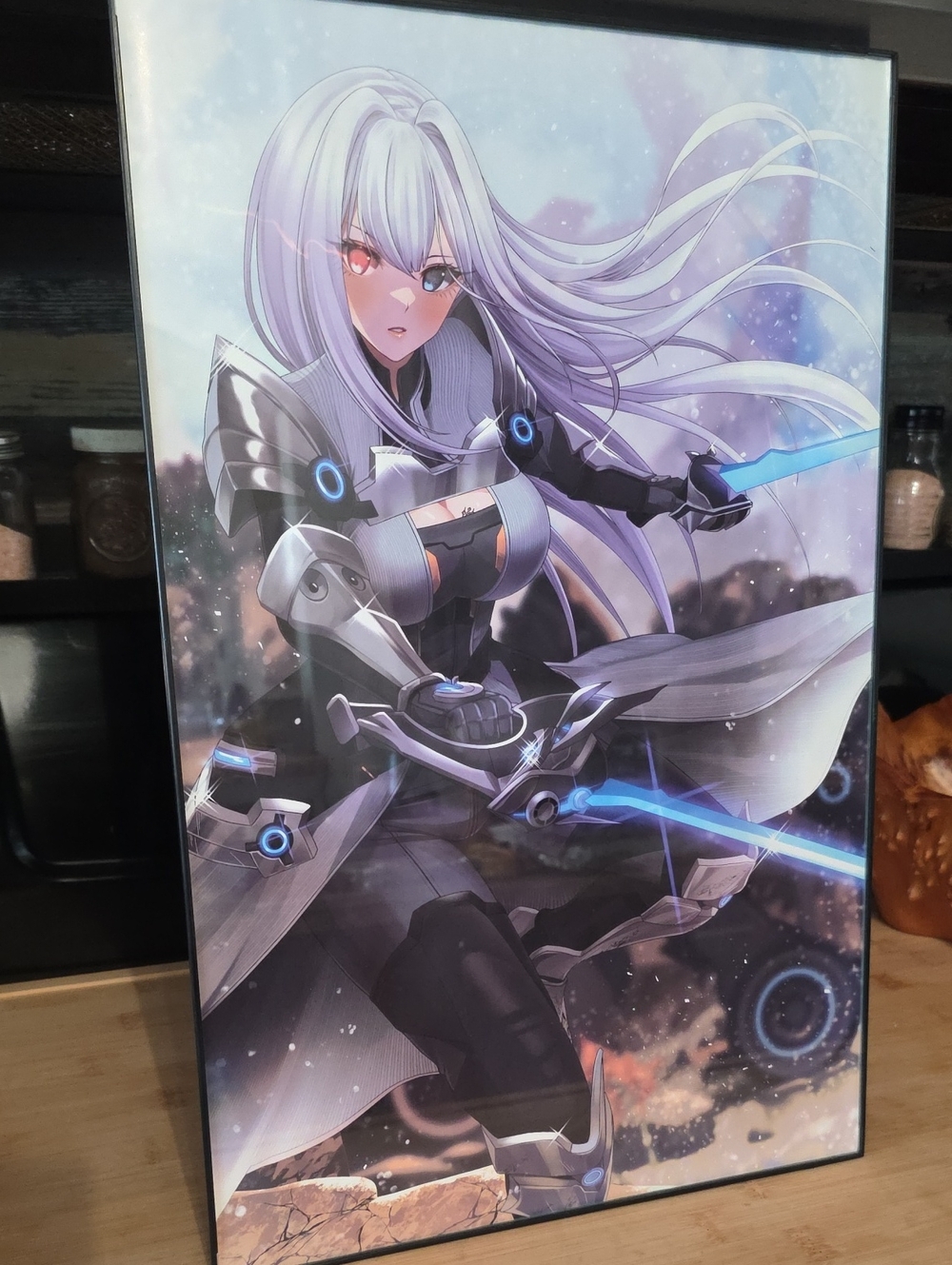 Silver & Blue Sci‑Fi Anime Warrior Poster — Unbranded